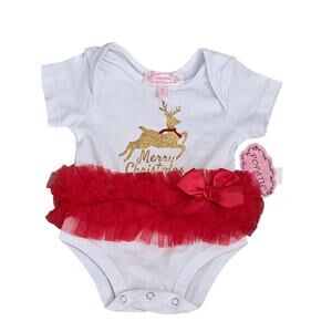 NWT Popatu Christmas White Red Gold Reindeer Tutu Bow Ruffle Bodysuit 3-6M